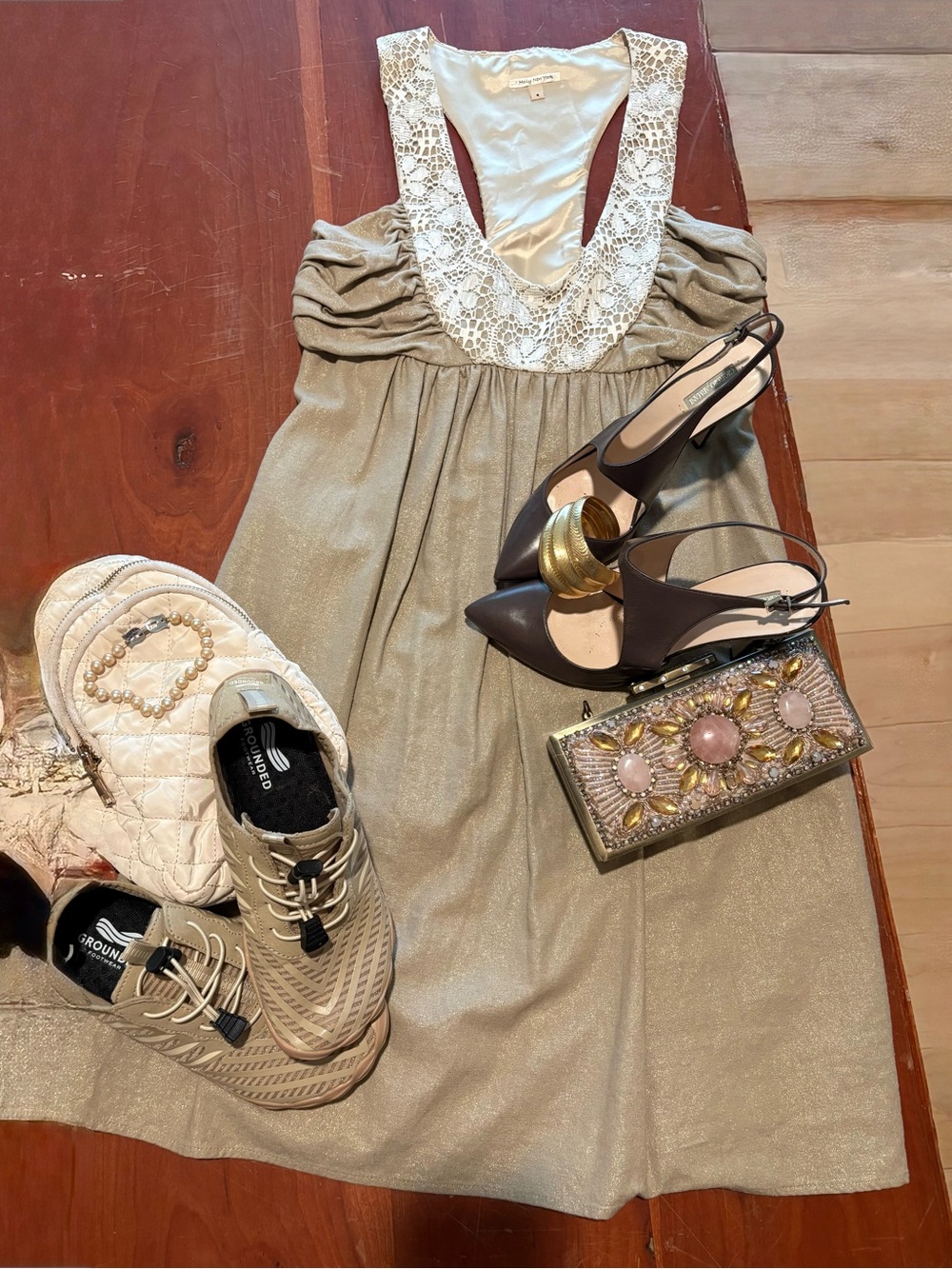 Molly New York Metallic Gold Lace-Trim Halter Dress